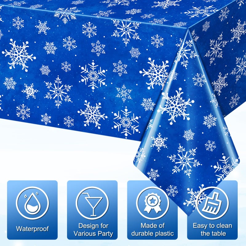 Jectivs 3 Pieces Christmas Snowflake Plastic Party Tablecloth Decorations White Snowflake Blue Xmas Backdrop Sign Table Cover Banner for Winter Christmas Holiday Party Supplies 54x108 inch (Blue) - Image 3